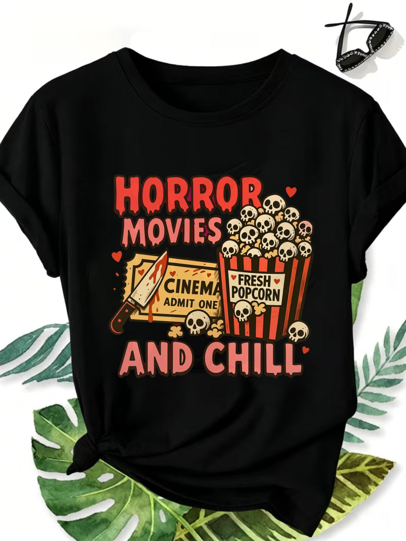 Women Horror Movies And Chill Graphic T-Shirt Halloween Scary Movie Popcorn Skull Short Sleeve Tee