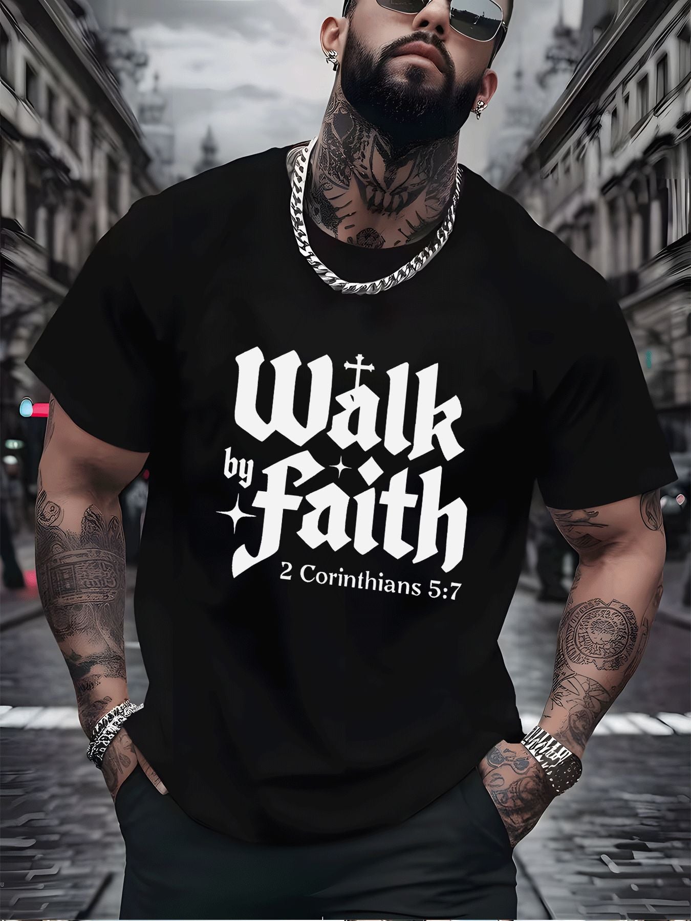 Walk By Faith T-Shirt, 2 Corinthians 5:7 Christian Bible Verse Graphic Tee for Men