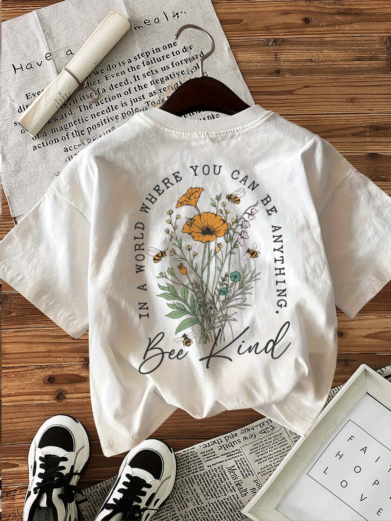 Fresh Style Flowers And Bees Back Print Solely Short Sleeve Round Neck T-Shirt