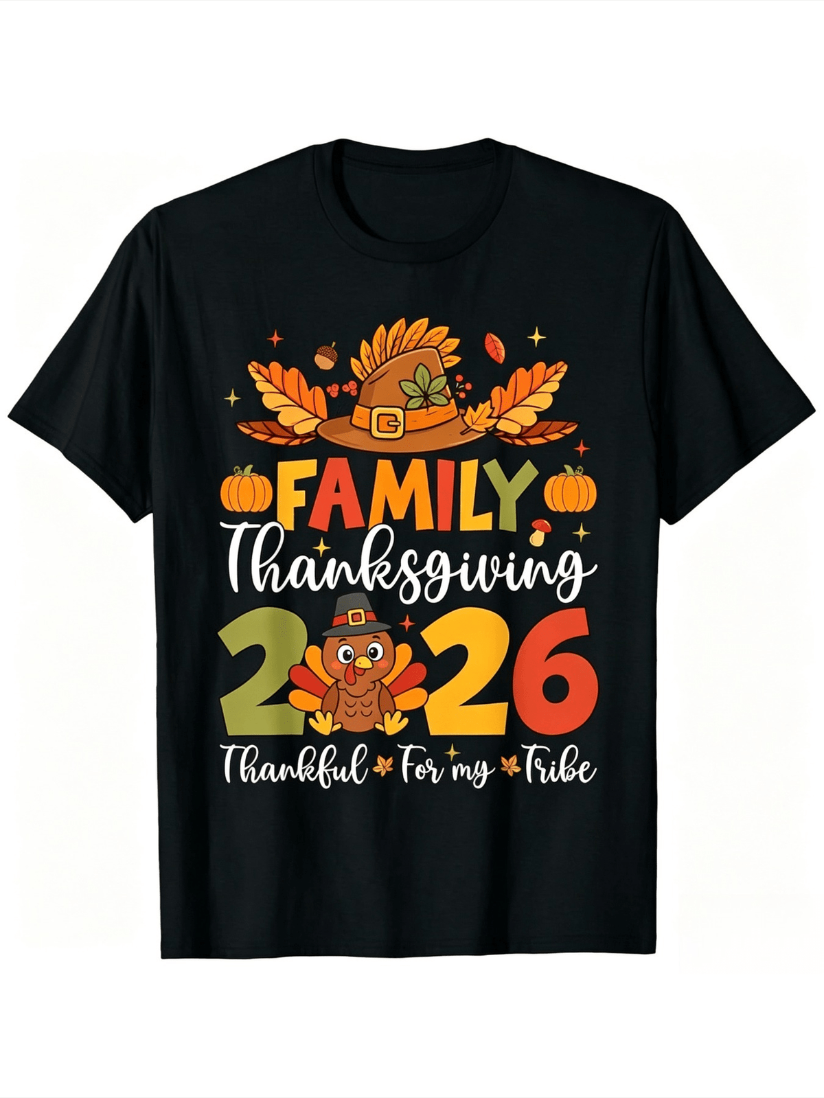 Family Thanksgiving 2026 Thankful For My Tribe T-Shirt, Cute Animal Pilgrim Hat Fall Pumpkin Autumn Leaves Graphic Tee