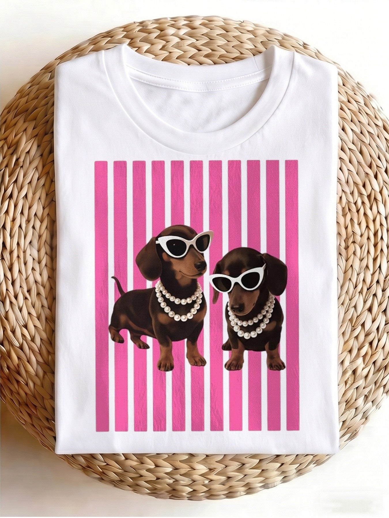 Men's Retro Dachshund T-Shirt - Pink Striped Short Sleeve Round Neck Tee with Dachshund Graphic