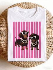 Men's Retro Dachshund T-Shirt - Pink Striped Short Sleeve Round Neck Tee with Dachshund Graphic