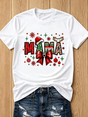 Women's Mama Christmas T-Shirt, Cute Xmas Bow Reindeer Antlers Graphic Tee