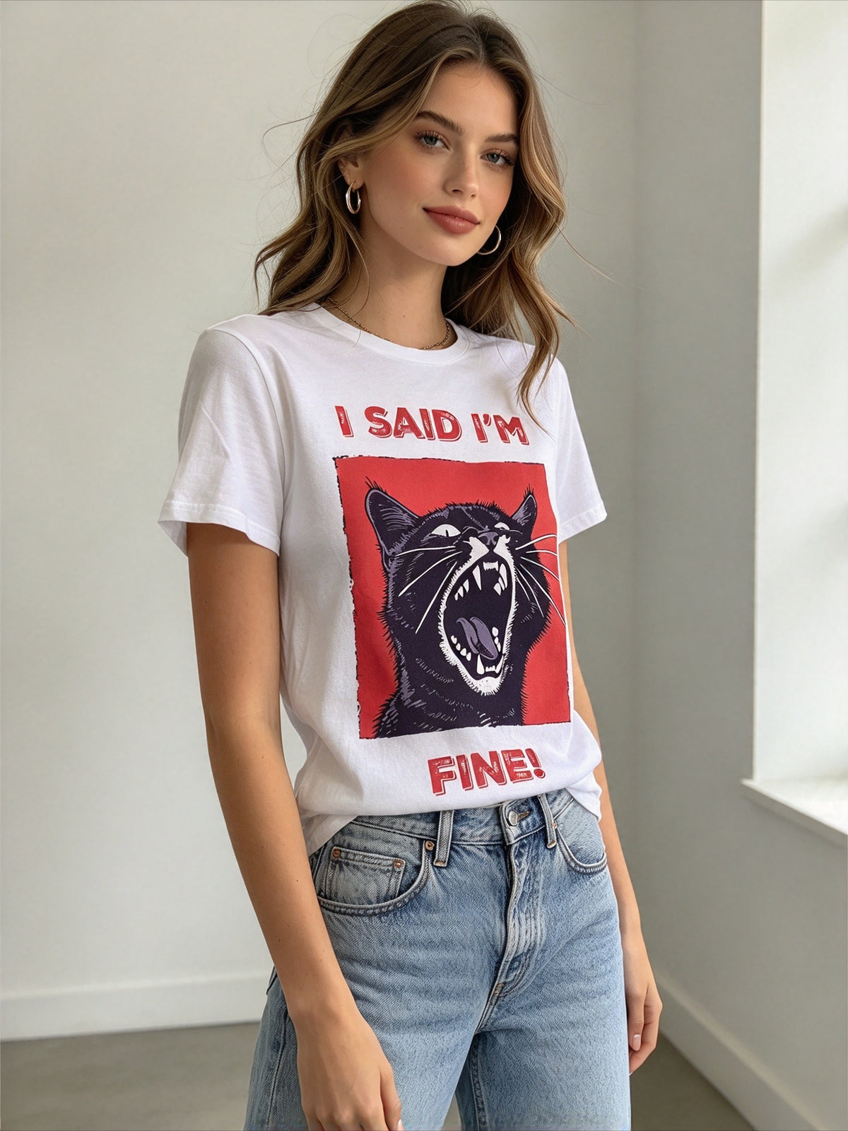 I Said Im Fine Black Cat Print Loose Short Sleeve Tee Punk Rock Crew Neck Top