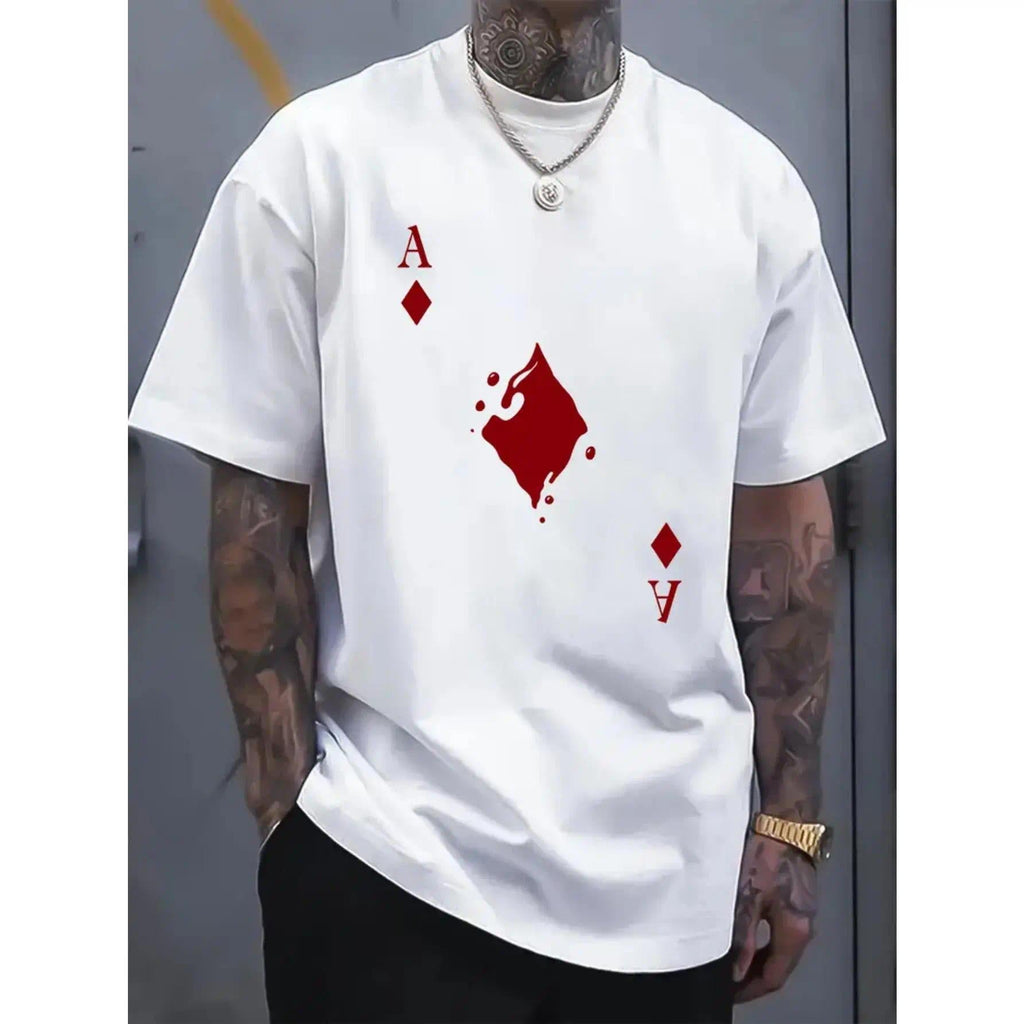 Men's cotton crew neck t-shirt with bold Ace of Spades graphic print, regular fit stretch knit fabric, white casual short sleeve top, suitable for all seasons, street trend t-shirt