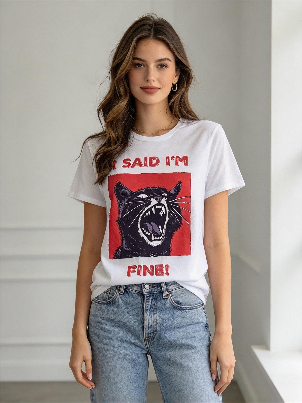 I Said Im Fine Black Cat Print Loose Short Sleeve Tee Punk Rock Crew Neck Top