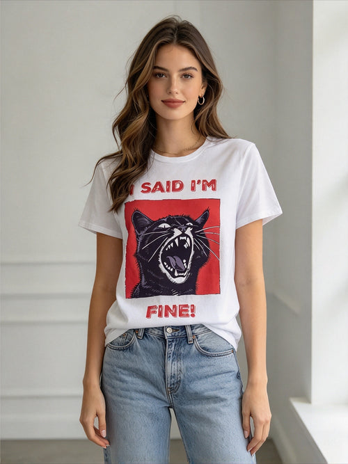 I Said Im Fine Black Cat Print Loose Short Sleeve Tee Punk Rock Crew Neck Top