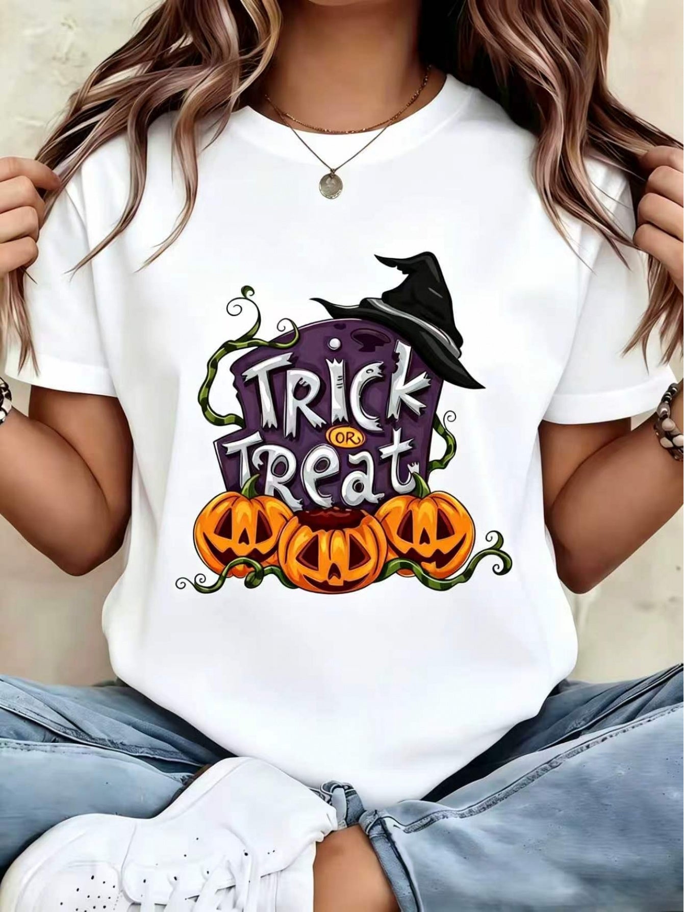 Women'S Halloween Themed Printed T-Shirt TRICK OR TREAT Text with Witch Hat And Pumpkin Pattern Crew Neck Short Sleeve Casual Comfortable Festival Wear Top