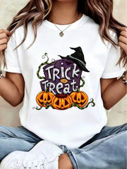 Women'S Halloween Themed Printed T-Shirt TRICK OR TREAT Text with Witch Hat And Pumpkin Pattern Crew Neck Short Sleeve Casual Comfortable Festival Wear Top