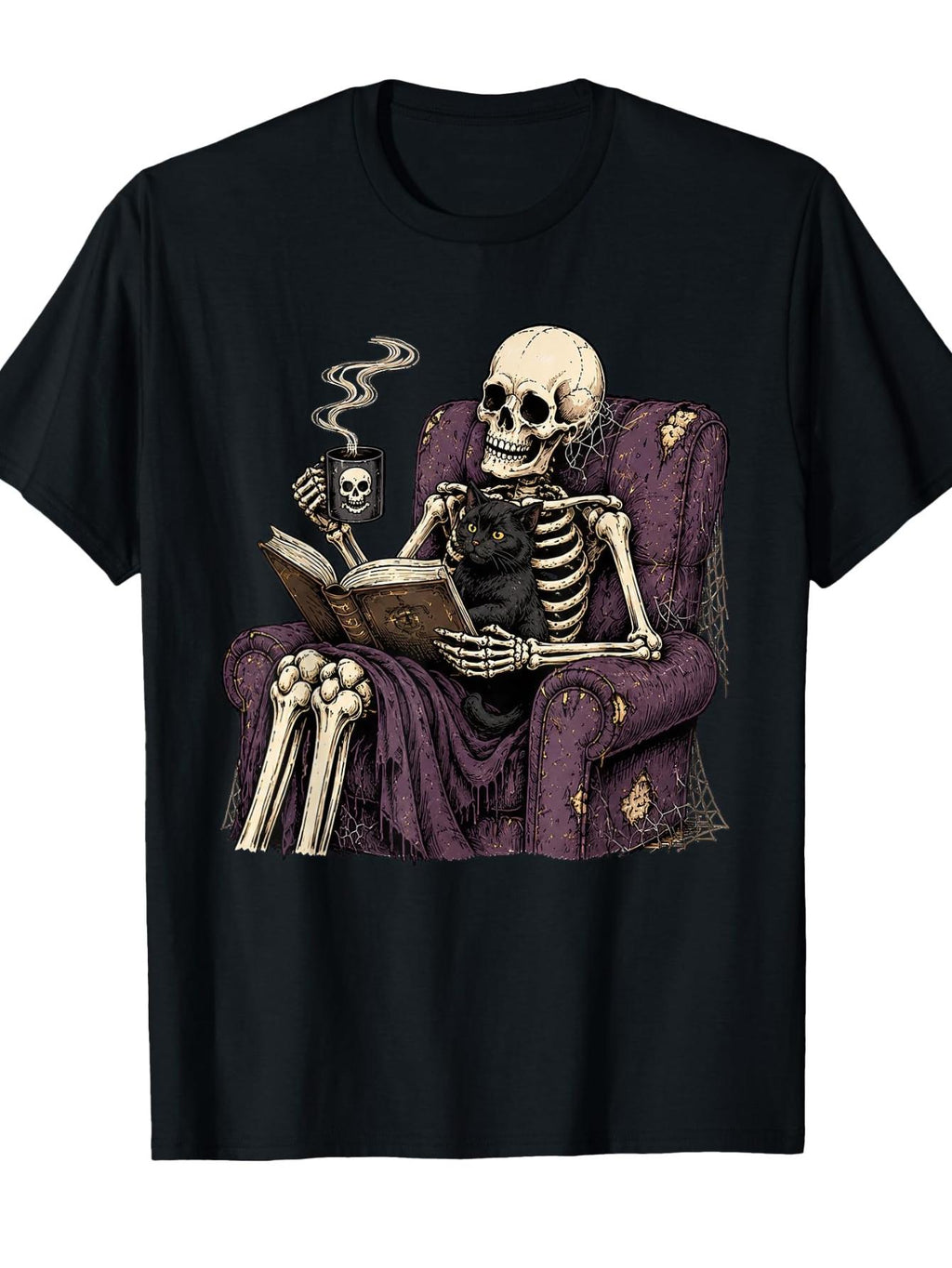 Skeleton Reading T-Shirt, Black Cat Coffee Gothic Halloween Graphic Tee