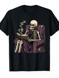 Skeleton Reading T-Shirt, Black Cat Coffee Gothic Halloween Graphic Tee