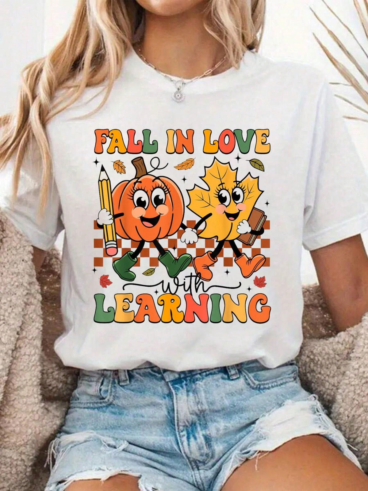 100% Cotton Fall In Love With Learning Thanksgiving Teacher Student T-Shirt