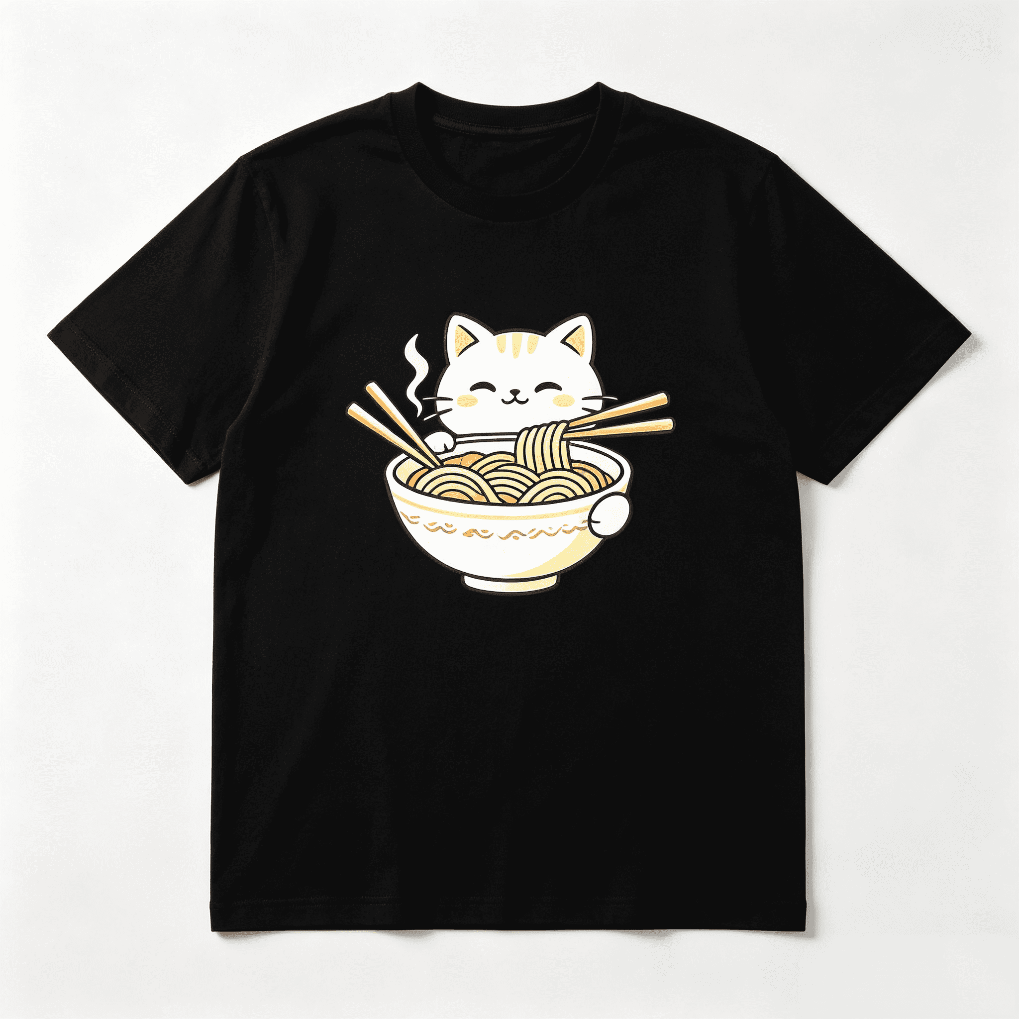 [100% Cotton] Trendy Graphic Funny T-Shirt - Funny Cat Ramen Graphic Tee Japanese Kawaii Anime Cat T-Shirt - Men Women Loose Sports T-Shirt Golf Gift T-Shirt For Men And Women