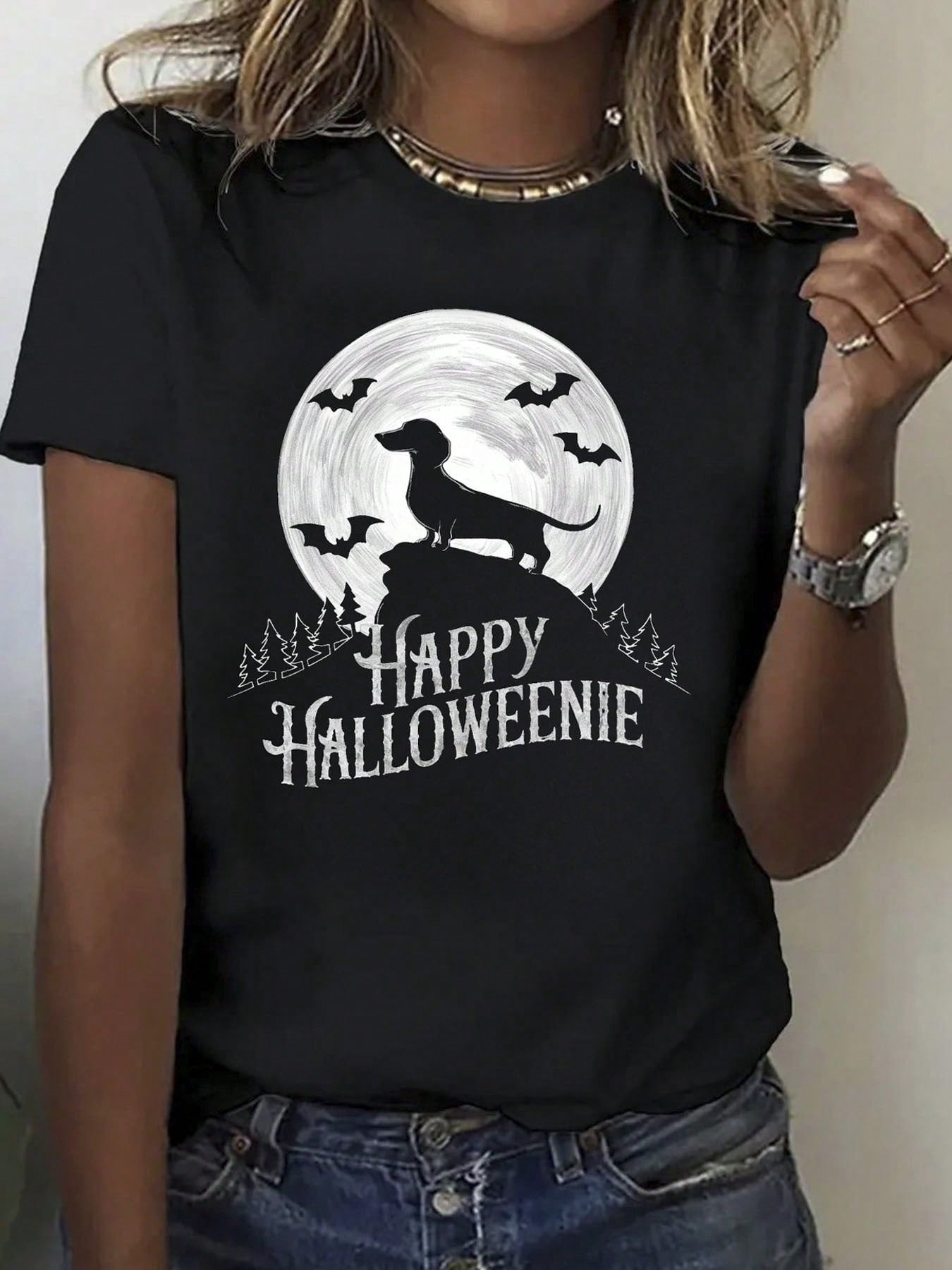 Dachshund Happy Pattern Printed T-Shirt, Spring And Summer Round Neck Short Sleeve Women's T-Shirt, Breathable Casual S Top, Holiday Gift