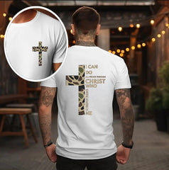 Philippians 4:13 Camo Cross Graphic tshirt – Religious Bible Verse Apparel