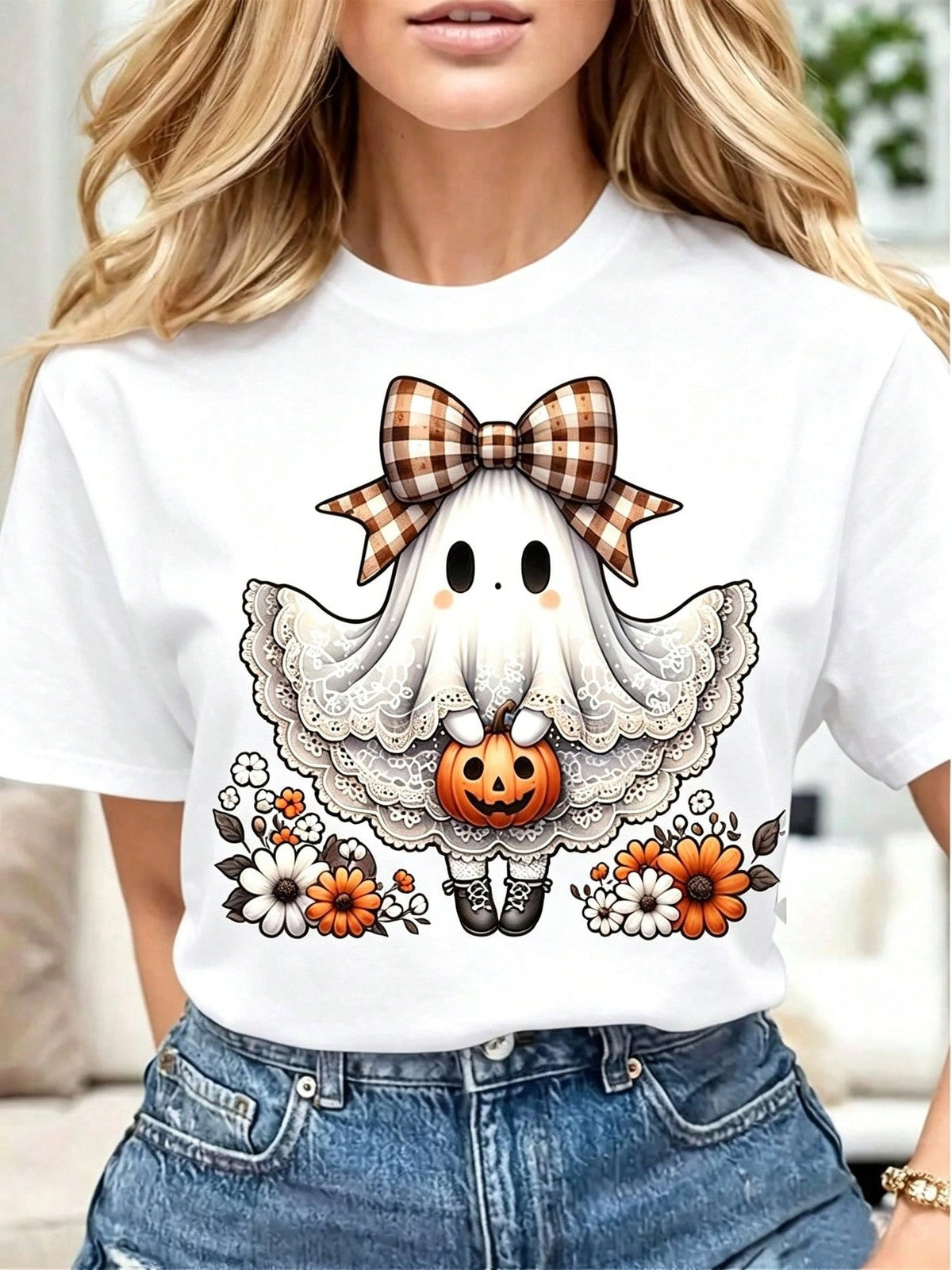 Cute Ghost with Plaid Bow Pumpkin Floral Halloween TShirt Casual Short Sleeve