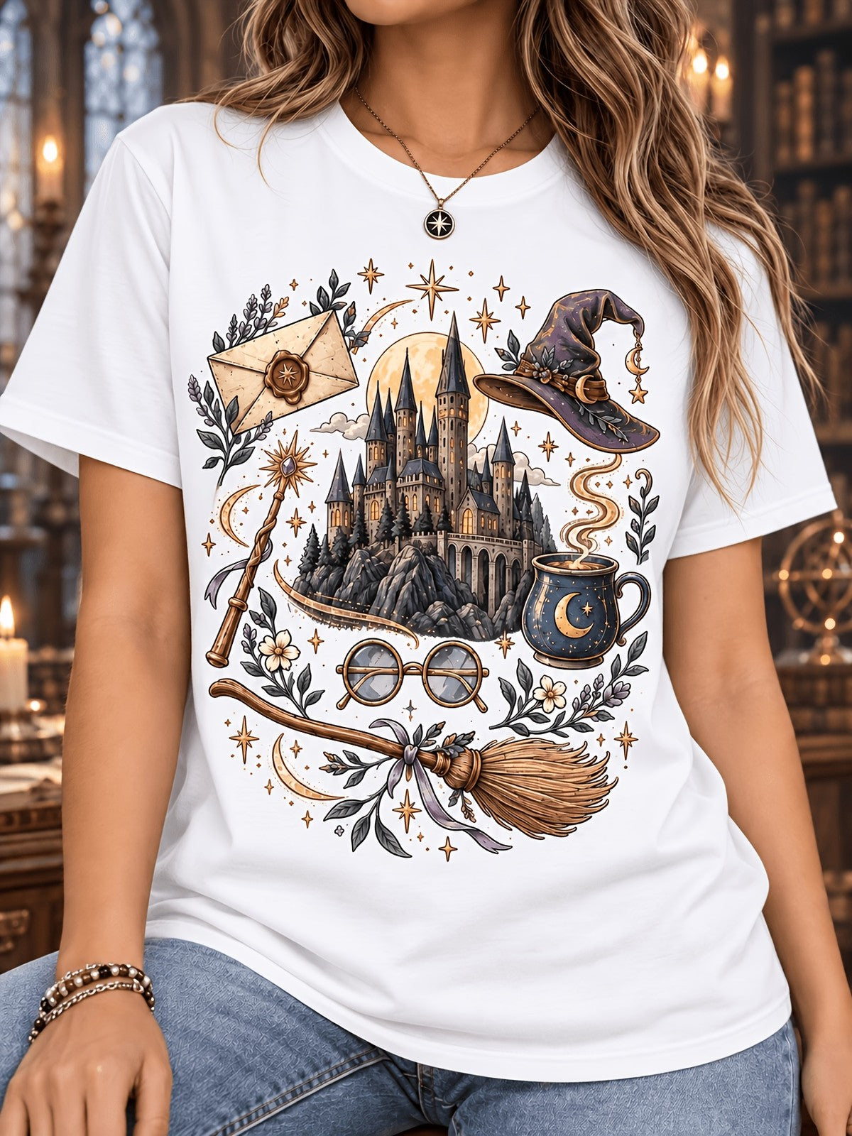 Magic Castle T-Shirt Wizard Hat Broom Wand Owl Letter Print Casual Tee Top
