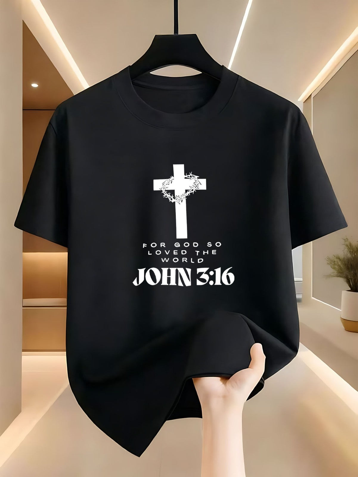 Crossed Thorn Crown Scripture Text Front Print Tshirt - Faith Theme Tshirt