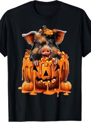 Cute Pig Dripping Pumpkin Candy Corn Halloween Animal Graphic Unisex Tee