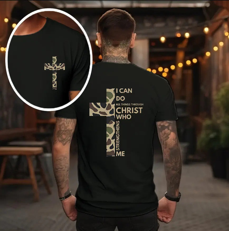 Philippians 4:13 Camo Cross Graphic tshirt – Religious Bible Verse Apparel