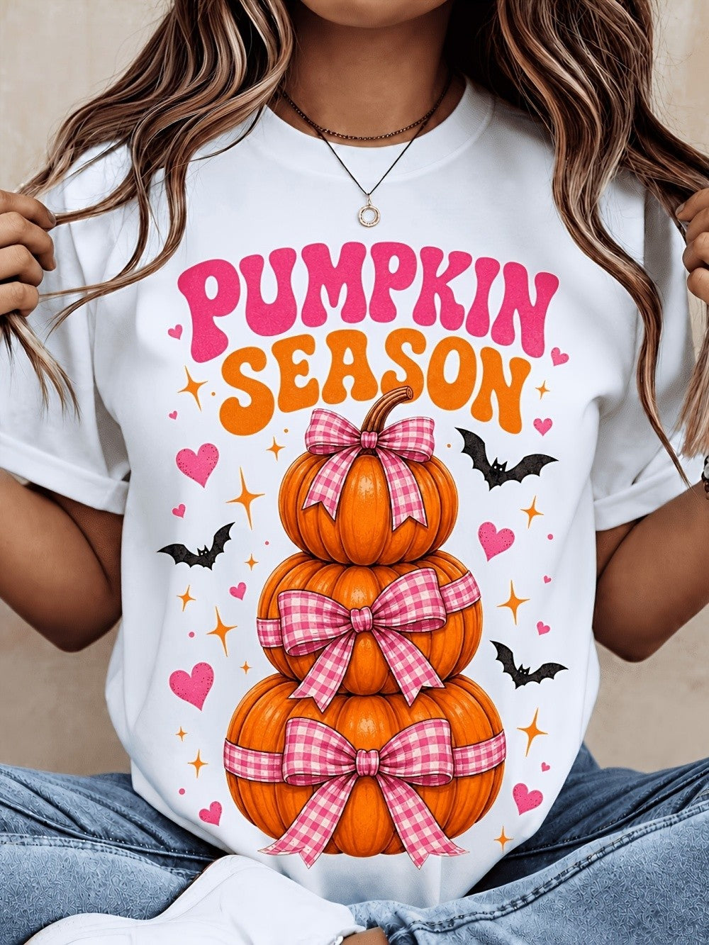 Cute Pink Pumpkin Season TShirt Gingham Pumpkin Bow Halloween Graphic Tee