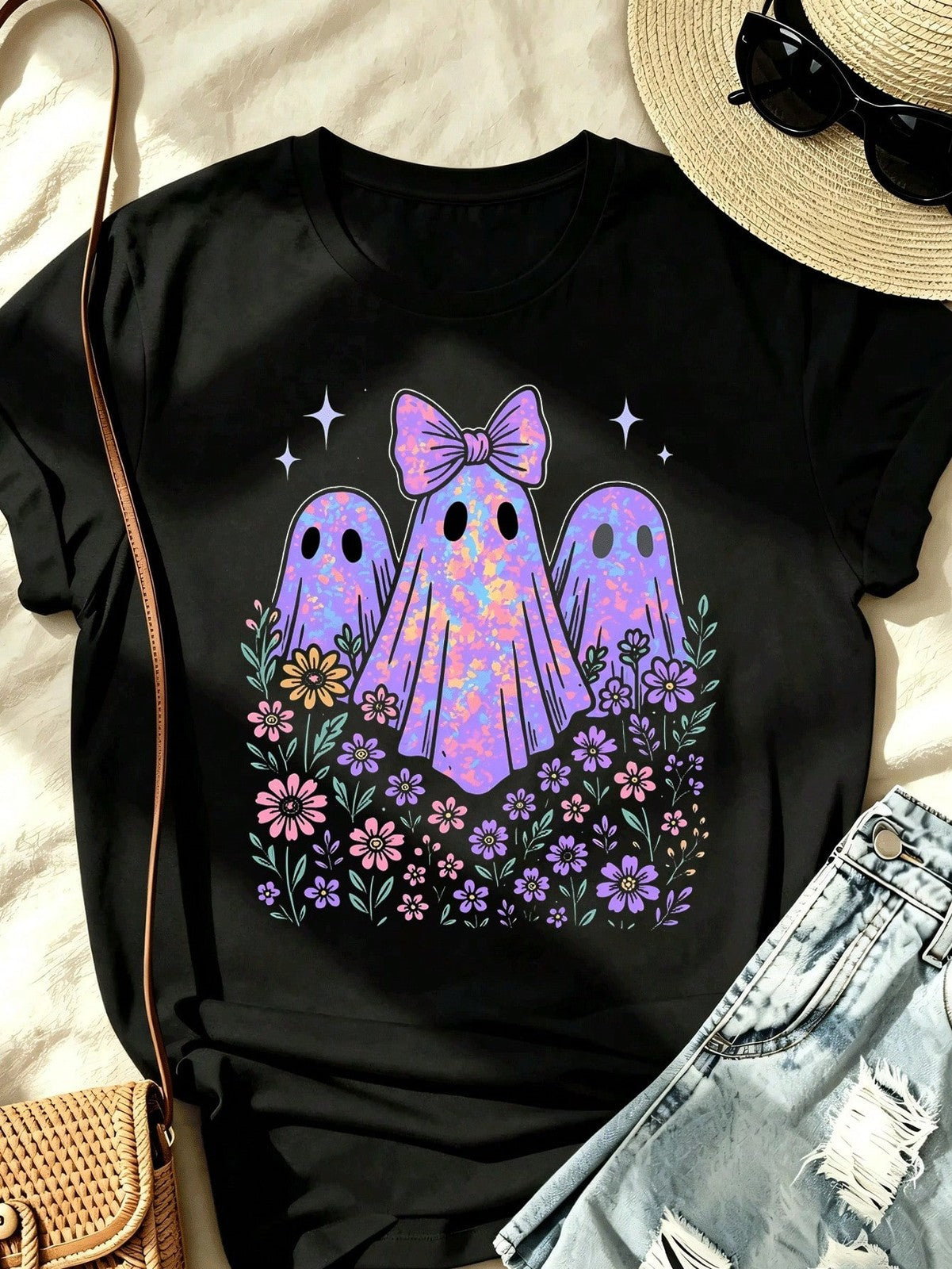 Cute Ghost With Bow And Floral Crew Neck TShirts, Suitable For Wear For Everyday