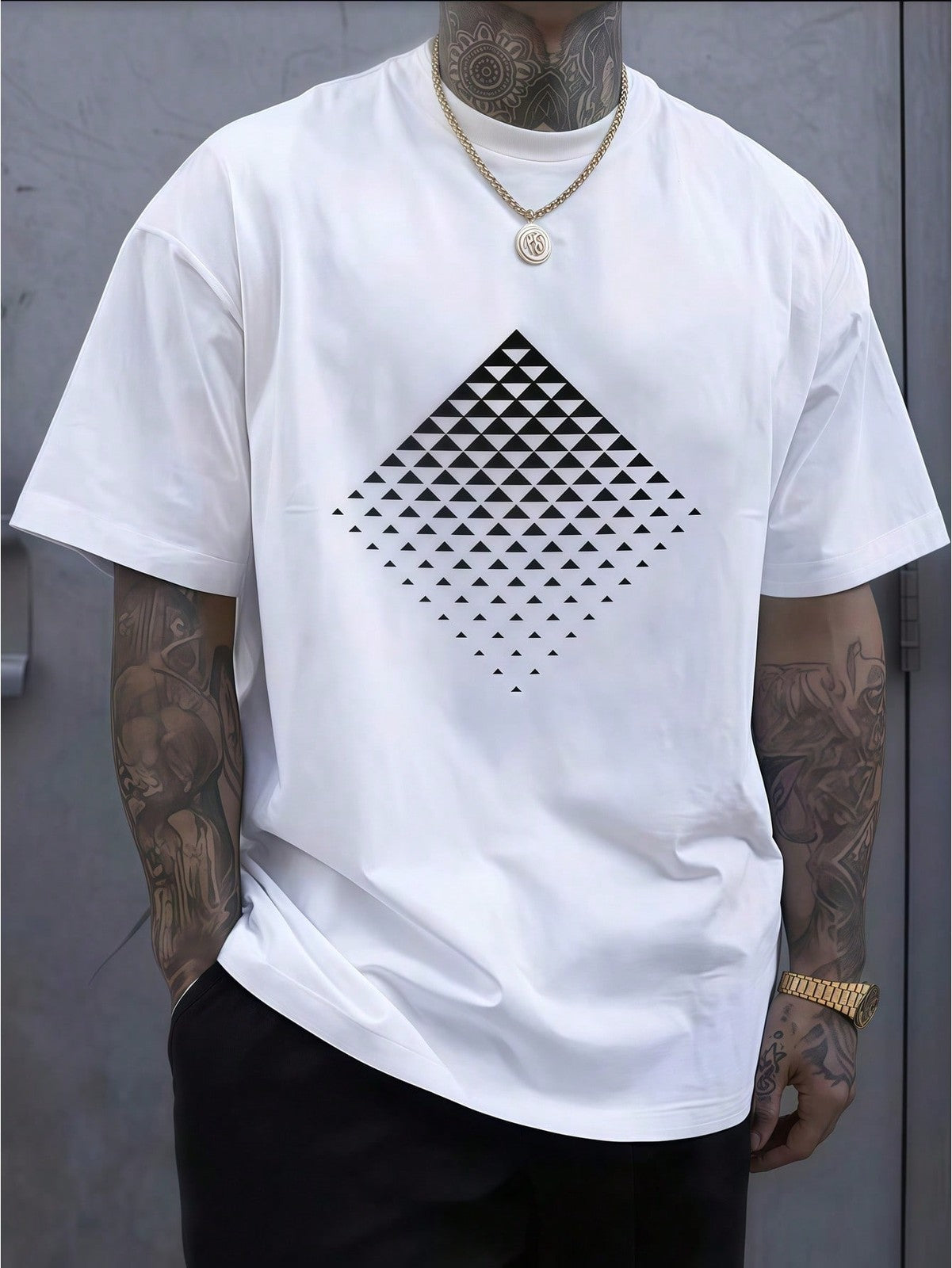 Mens Clothes Geometric Triangle Pattern Print White TShirt