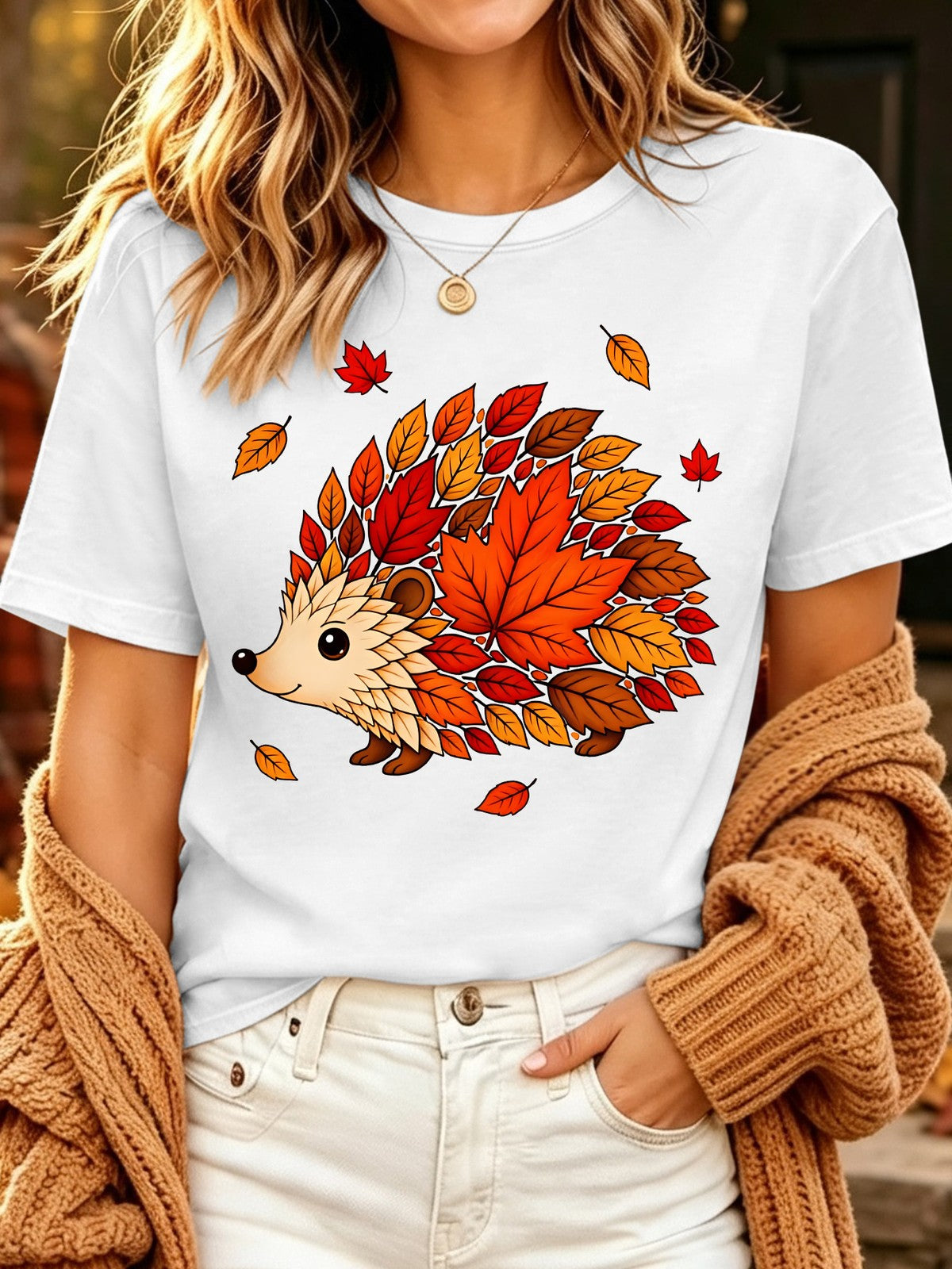 Hedgehog Autumn Leaves Print TShirt Round Neck Top