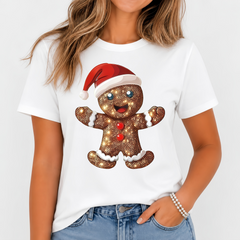 Women's Christmas Gingerbread Man Santa Hat T-Shirt, Faux Sequin Print Xmas Tee