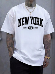 Mens Clothes New York Letter Print White TShirt, Unisex Casual Crew Neck Tshirt