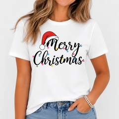 Women's Merry Christmas T-Shirt Santa Hat Graphic Tee Holiday Xmas Casual Top