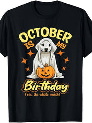 October Birthday Dog Pumpkin Ghost Halloween Vintage Graphic Unisex Tee