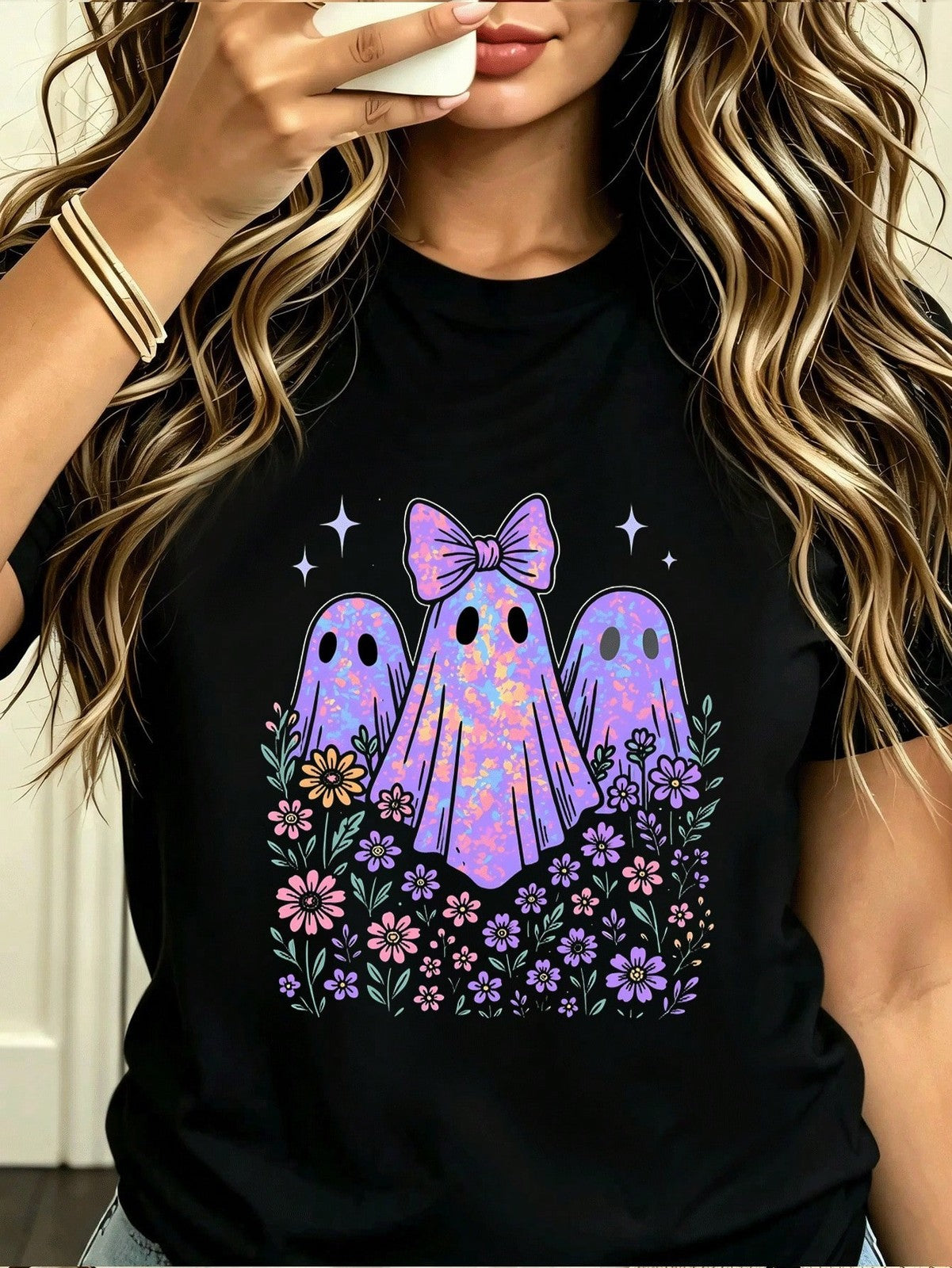 Cute Ghost With Bow And Floral Crew Neck TShirts, Suitable For Wear For Everyday