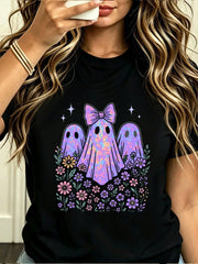 Cute Ghost With Bow And Floral Crew Neck TShirts, Suitable For Wear For Everyday