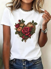 Women Vintage Floral Heart Graphic T-Shirt Rose Flower Casual Crew Neck Tee Top
