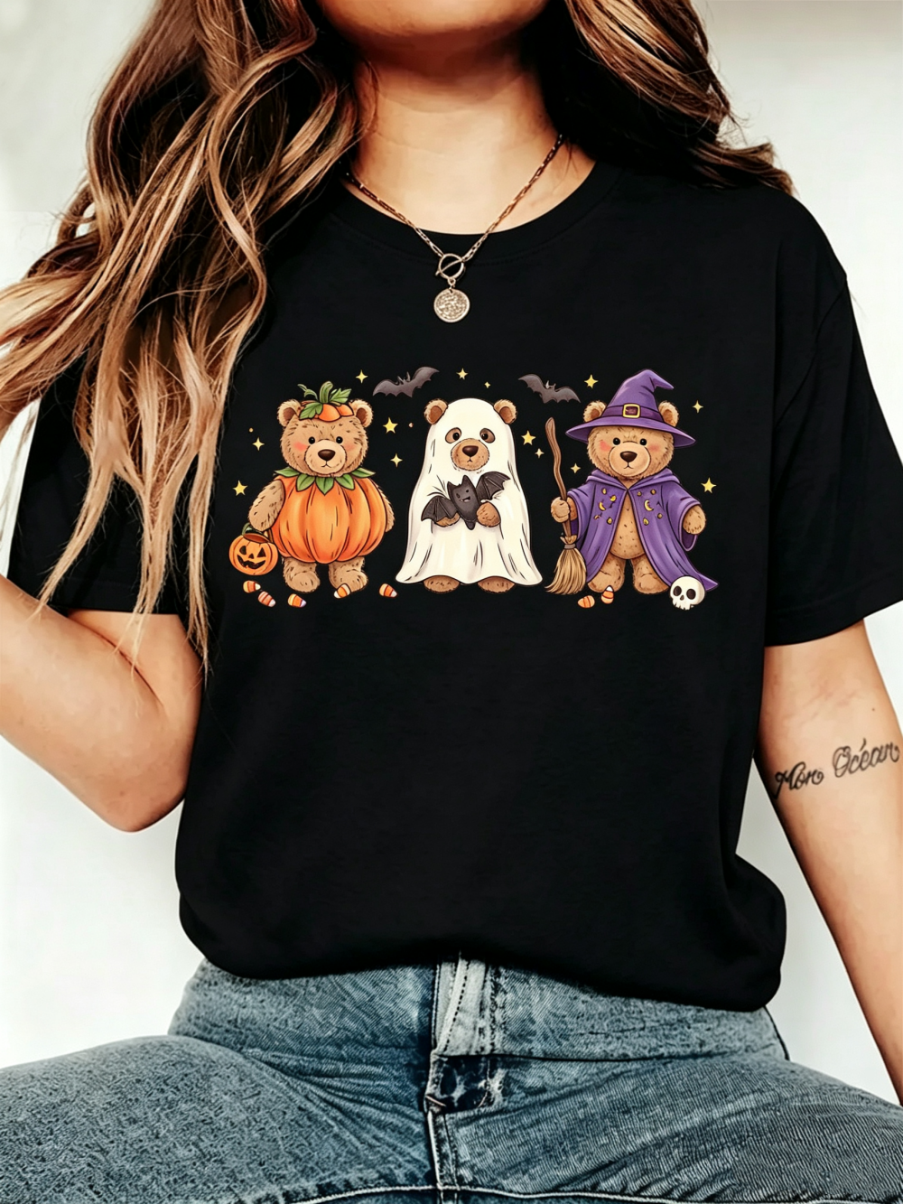 Halloween Teddy Bear Pumpkin Ghost Witch Graphic T-Shirt