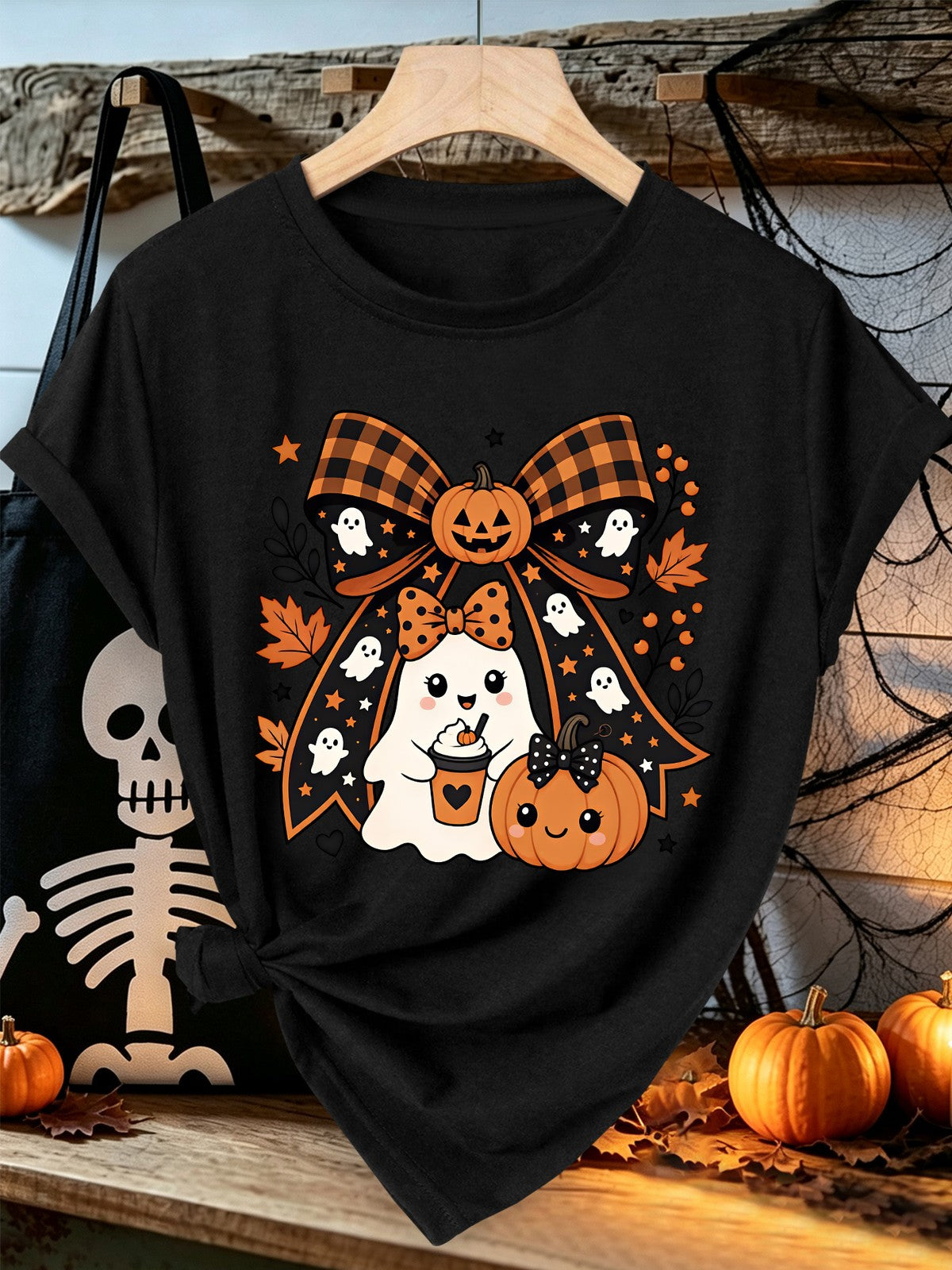 Halloween Short Sleeve Plaid Large Bow Coffee Ghost Little Pumpkin Maple Leaf