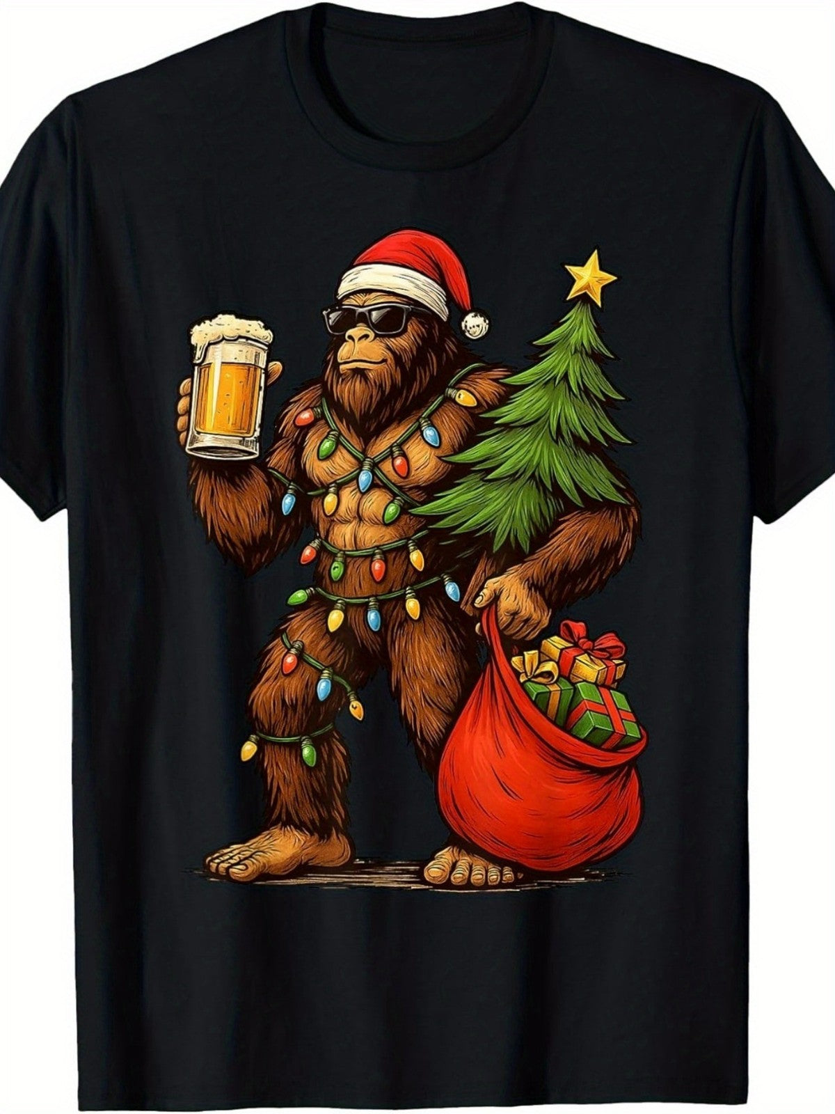 Funny Christmas TShirt with Sasquatch Santa Hat Beer Mug Design Holiday Party