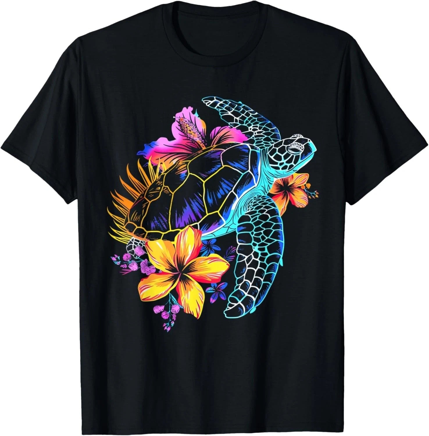 Vintage Hawaiian Sea Turtle Hibiscus Graphic Men’s T-Shirt Tropical Beach Tee