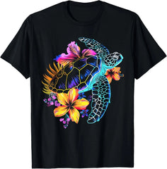 Vintage Hawaiian Sea Turtle Hibiscus Graphic Men’s T-Shirt Tropical Beach Tee