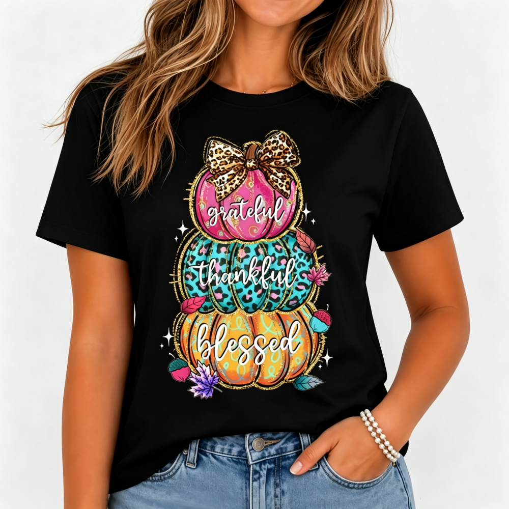 Women's Grateful Thankful Blessed Stacked Pumpkins T-Shirt