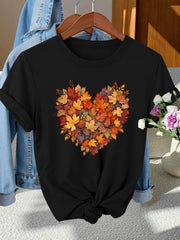 Women's Crew Neck Graphic T-Shirt, Fall Maple Leaf Heart Shape Autumn Leaves Tee
