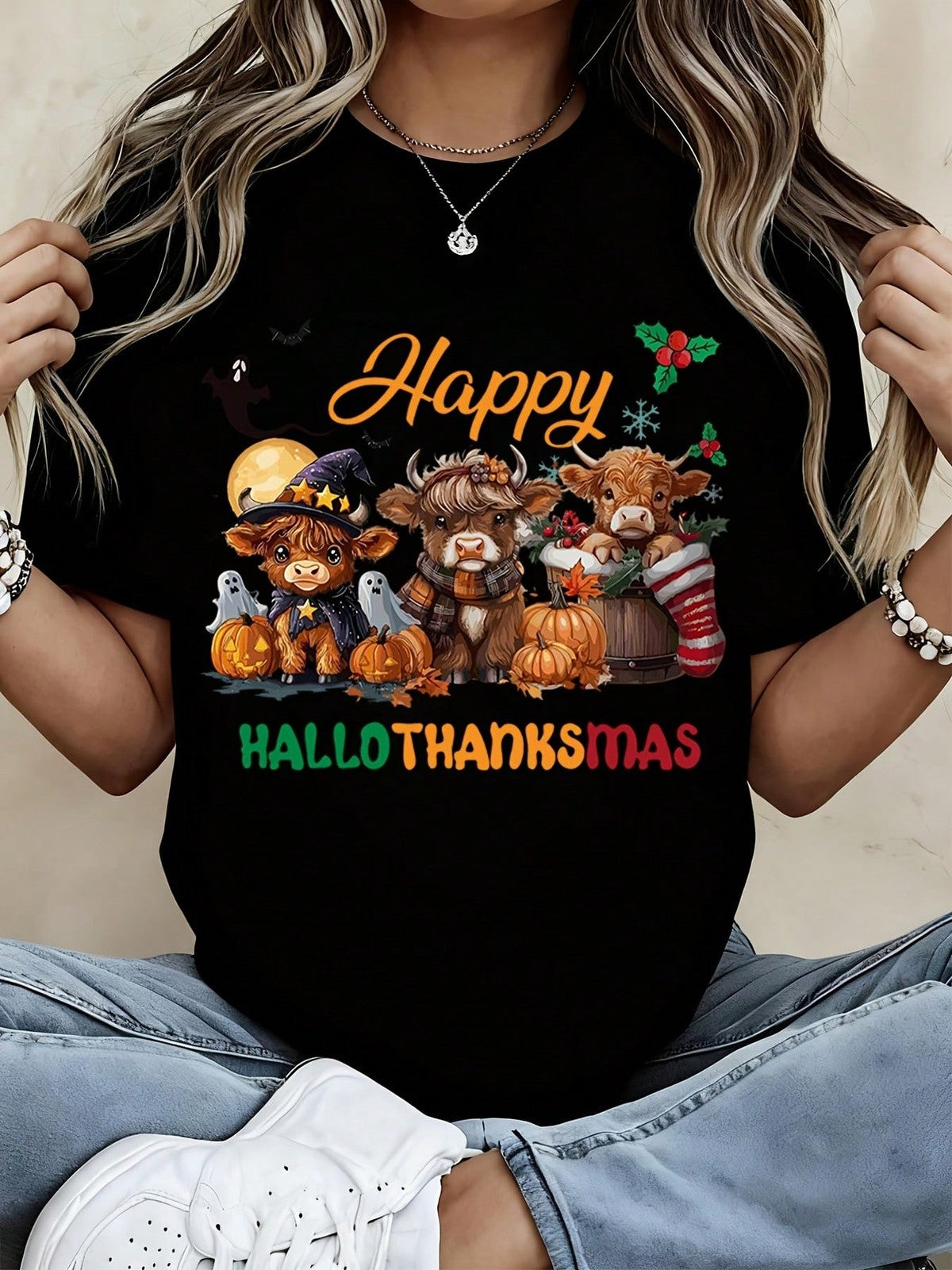 Women Happy Hallothanksmas Highland Cow Halloween Thanksgiving Christmas Tee