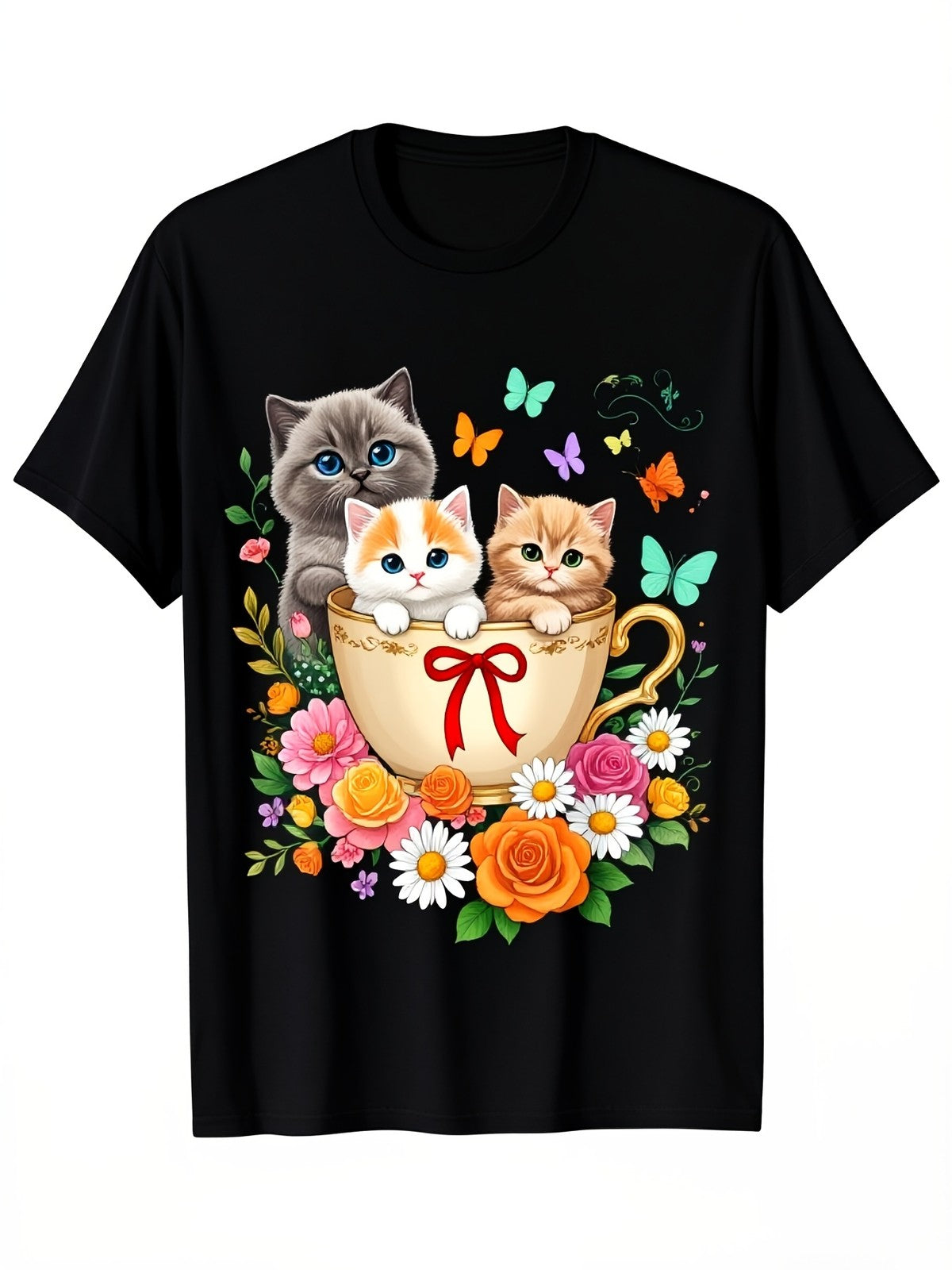 Cute Cats in Tea Cup with Flowers and Butterflies Graphic TShirt