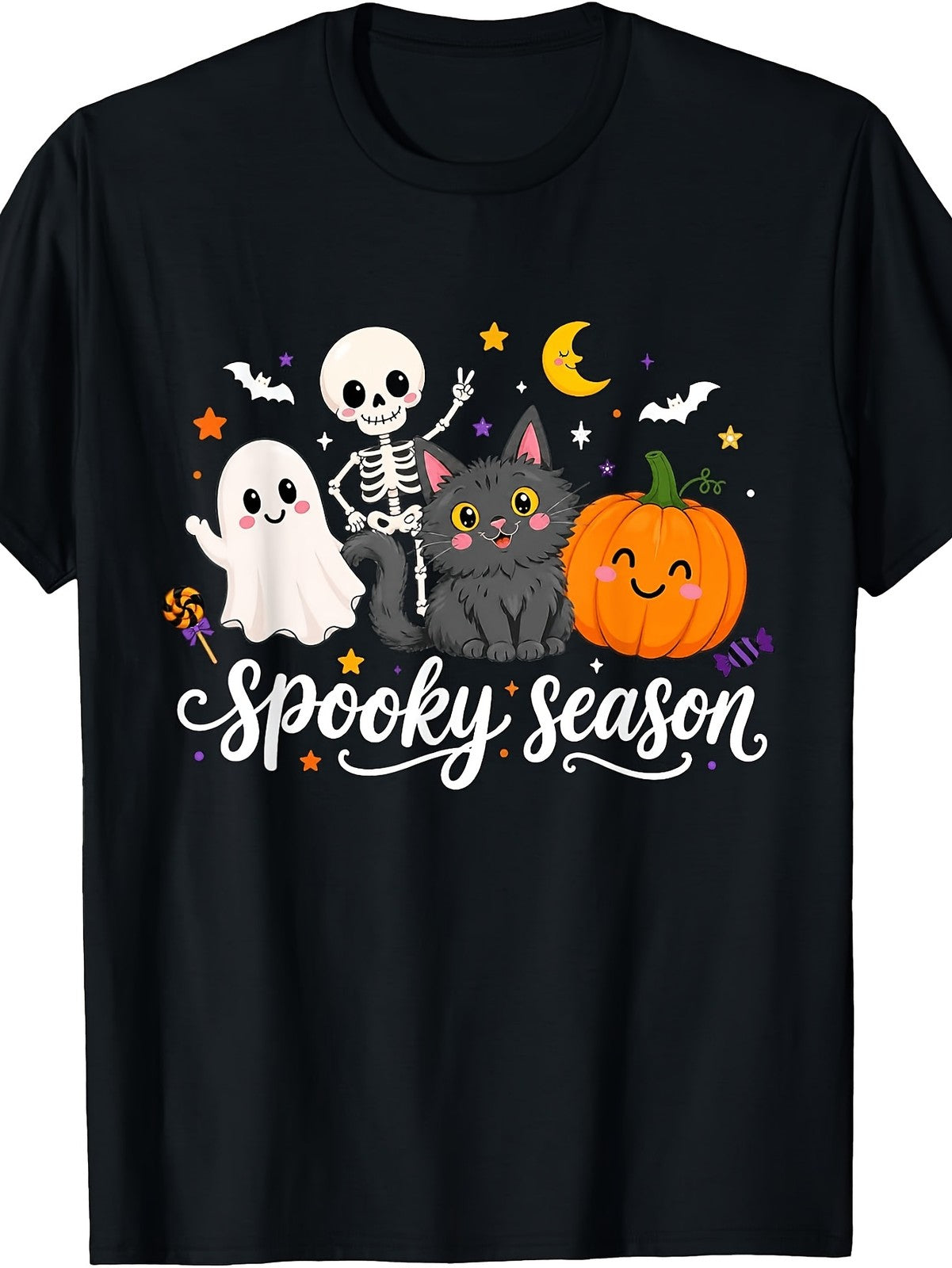 Spooky Season Skeleton Black Cat Pumpkin Halloween Party Graphic Unisex Tee