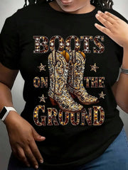 Women's Western Short Sleeve Crewneck Top, Boots On The Ground T-Shirt