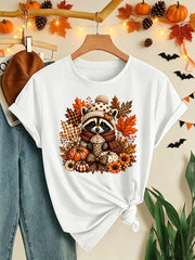 Raccoon Holding a Hot Drink and Pumpkin Autumn Leaf Pattern Print TShirt
