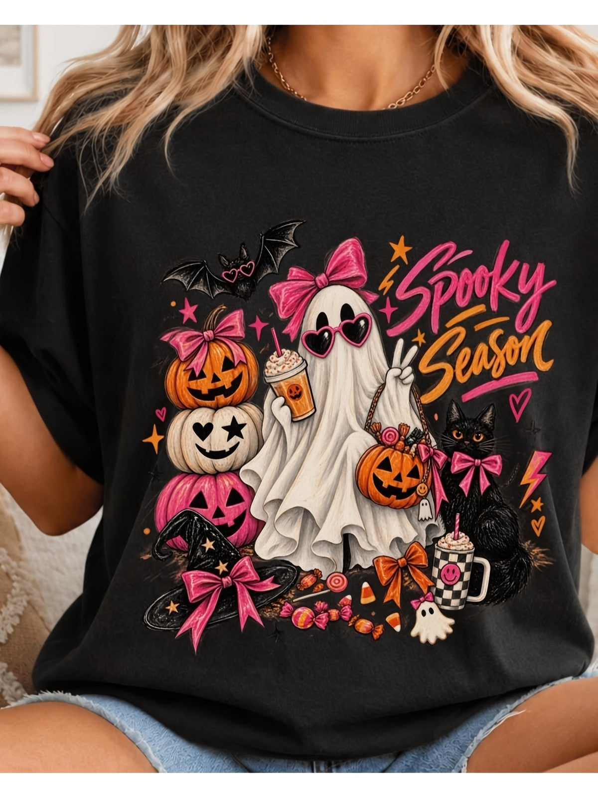 Pink Halloween Shirt Cute Ghost Spooky Season Tee Black Cat Pumpkin TShirt0110