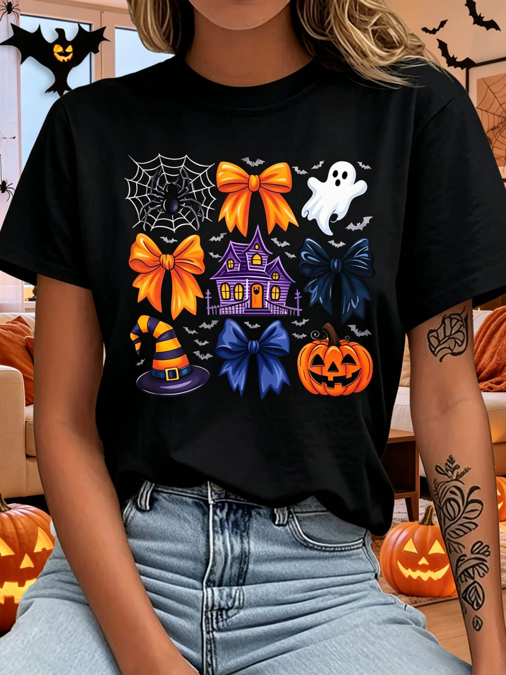 Cute Halloween Print TShirt, Witch Hat Bats Spooky Casual Short Sleeve Top