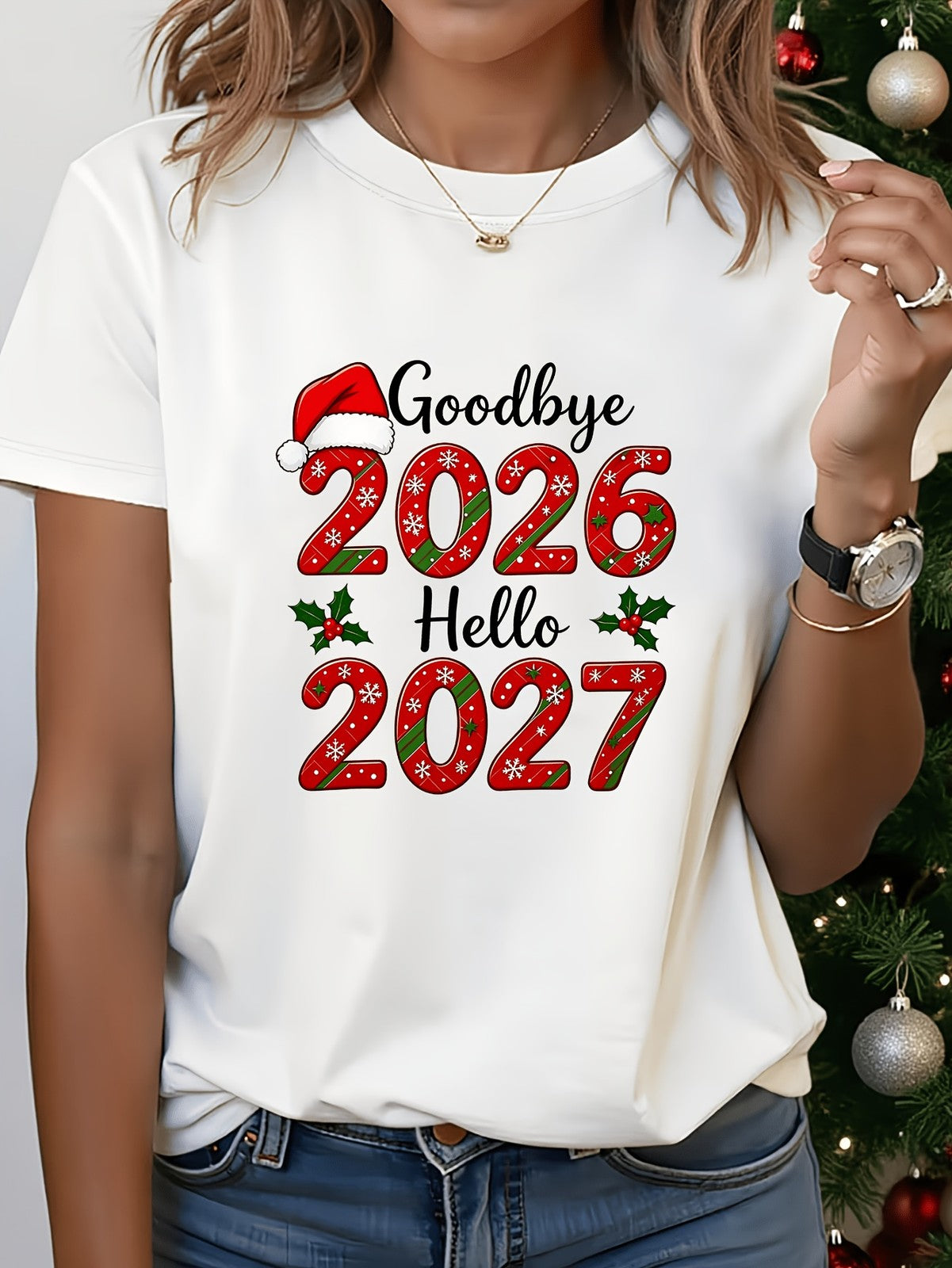 Women's Goodbye 2026 Hello 2027 T-Shirt Santa Hat New Year Christmas Graphic Tee